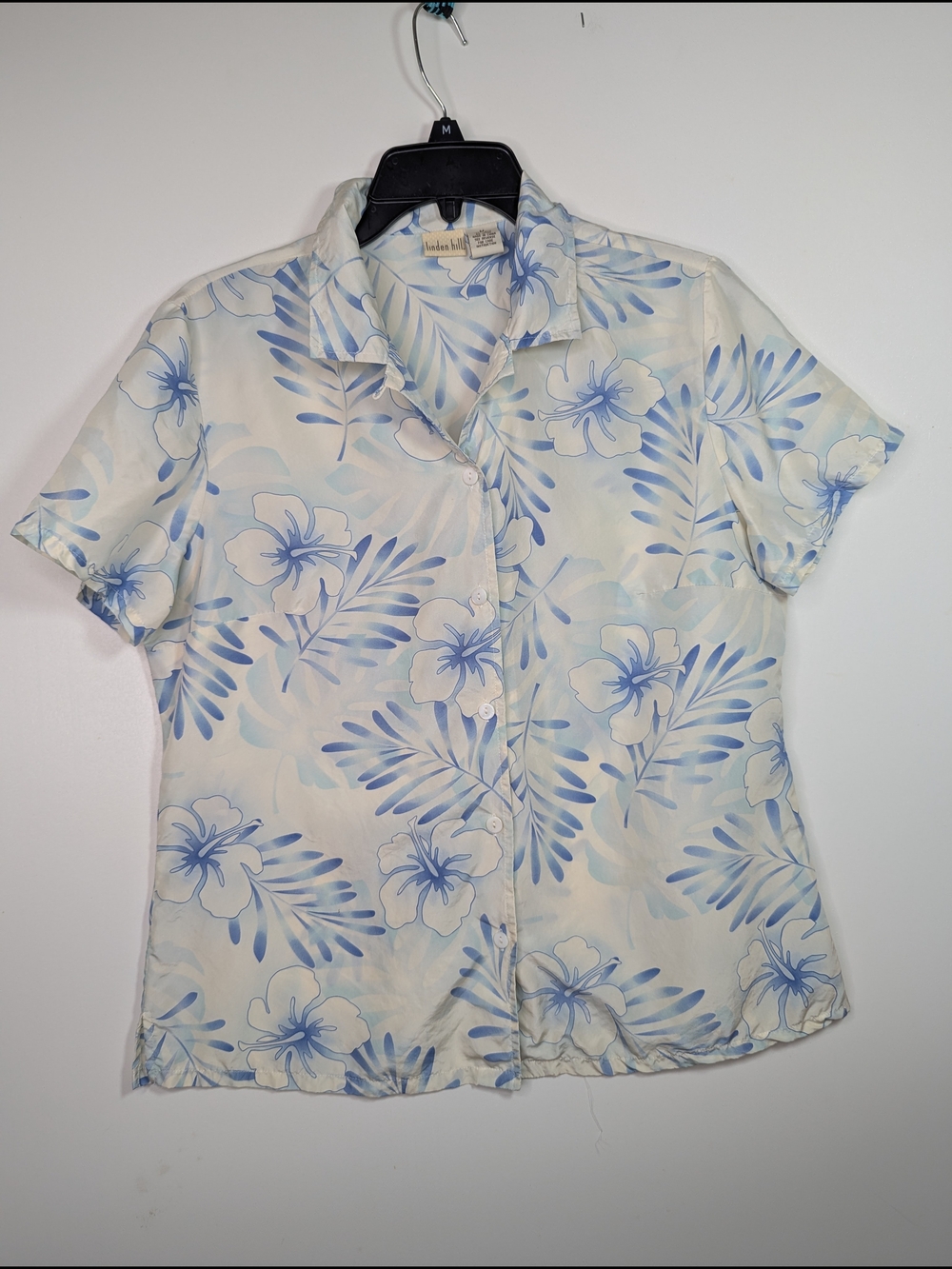 Vintage Silk Hawaiian Shirt Womens M Pastel Blues and Off White Darting - Picture 14 of 15